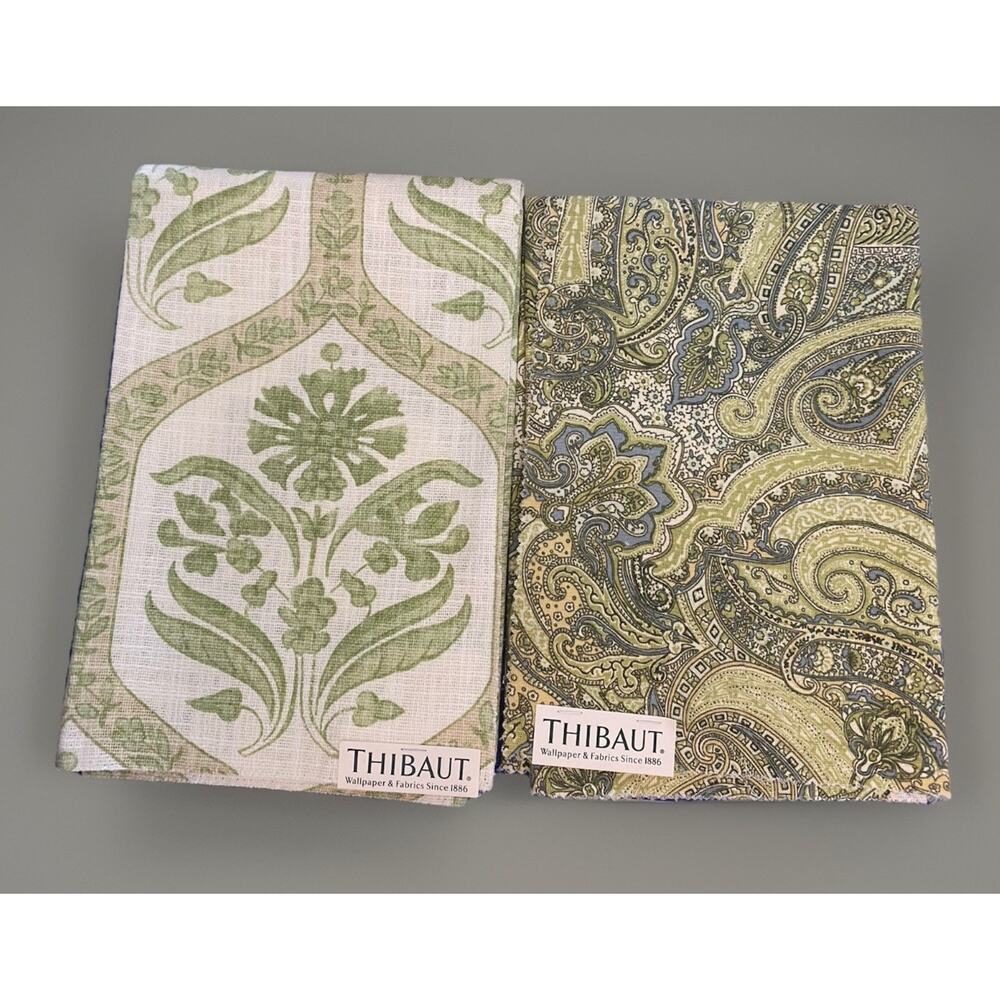 2 Thibaut Caton & Charlton Paisley Lime Cream Cotton Blend Fabric Samples 25"squ